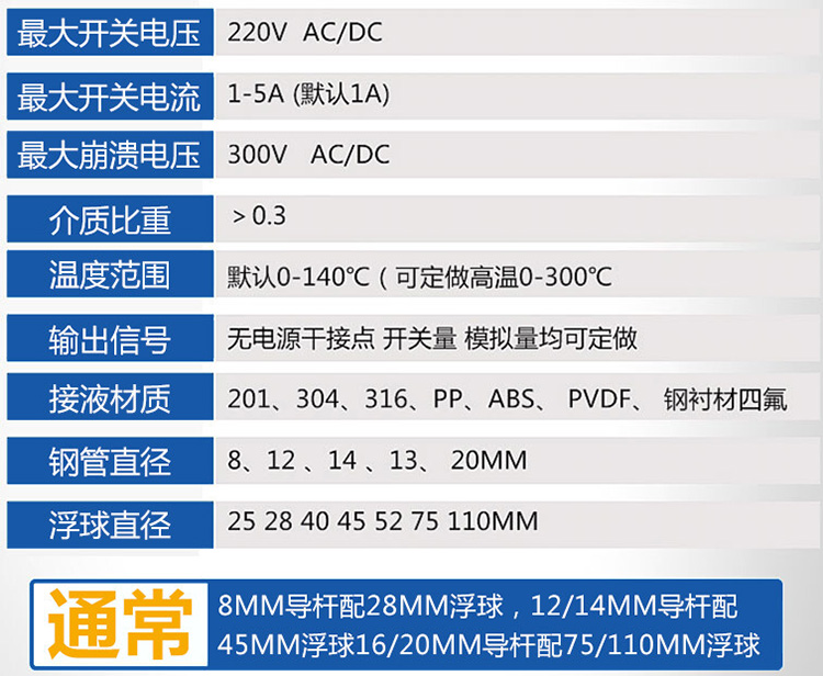 浮球式液位计技术参数对照表