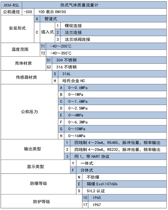 智能热式气体质量流量计选项表