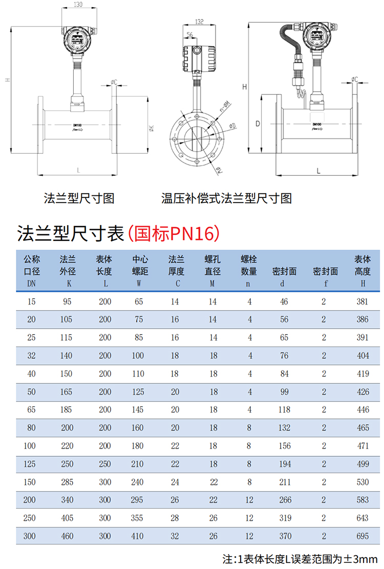 dn65涡街流量计法兰式尺寸图