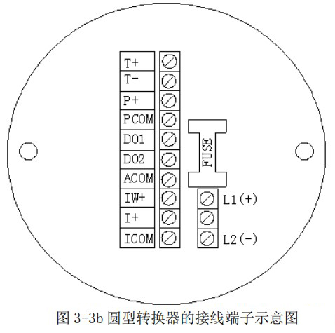 污水流量计圆型转换器的接线端子示意图